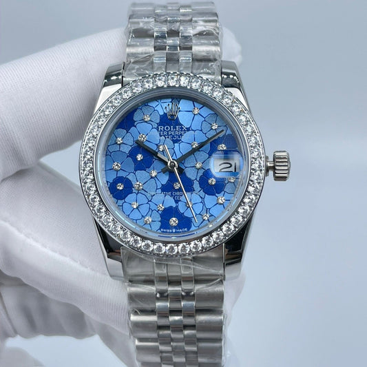 Crystal Bezel Floral Ladies Watch Blue & Silver 31mm RLX - Level 3