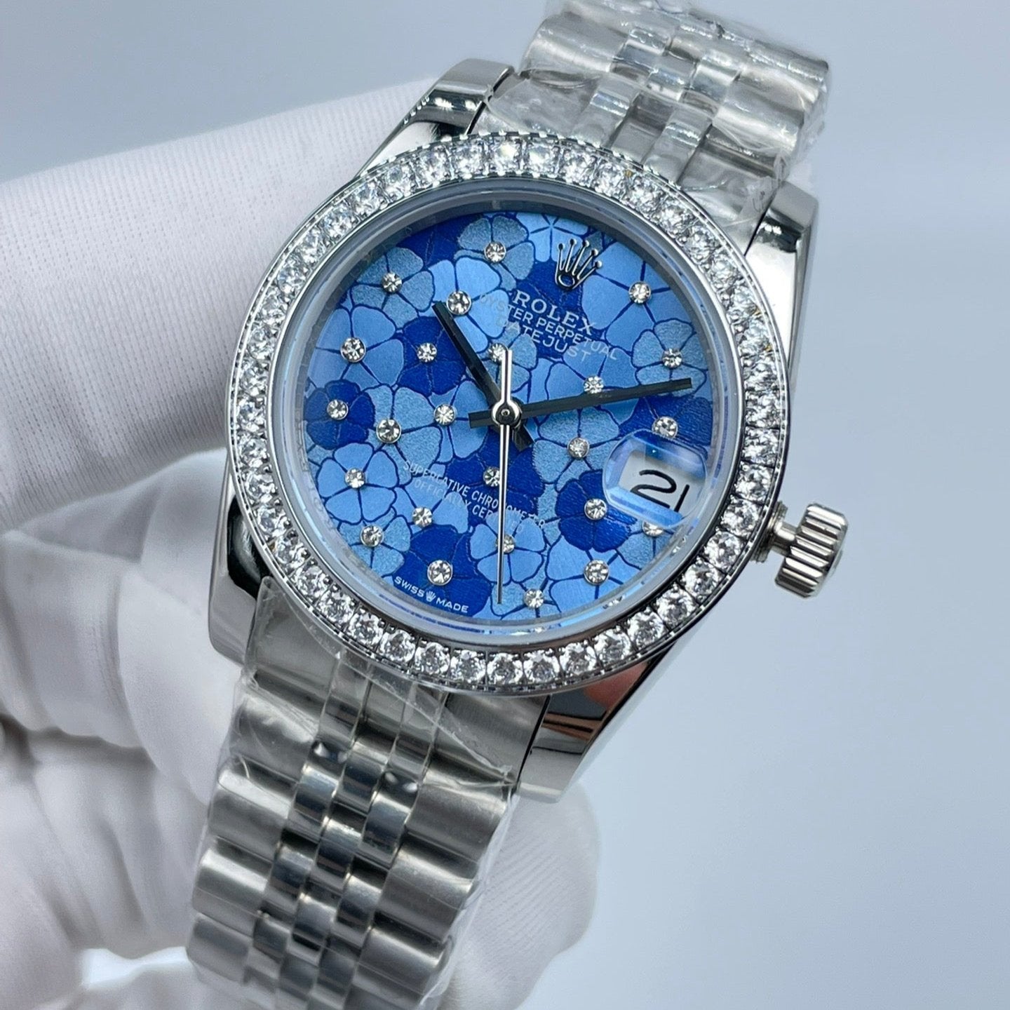 Crystal Bezel Floral Ladies Watch Blue & Silver 31mm RLX - Level 3