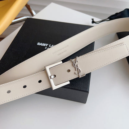 Cassandre 3cm White Smooth Leather Belt Silver Buckle