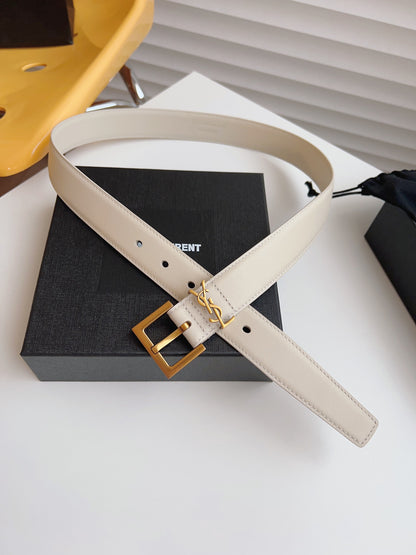 Cassandre 3cm White Smooth Leather Belt Gold Buckle