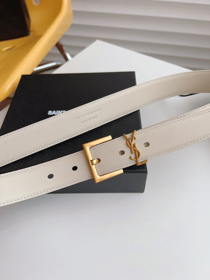 Cassandre 3cm White Smooth Leather Belt Gold Buckle