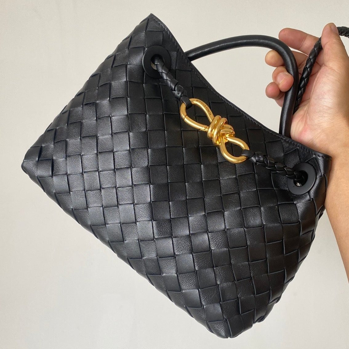 Small Andiamo Tote Black Woven Leather BTV - Level 5