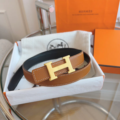 Mini H 2.4cm Brown Grained Leather Belt Gold Buckle