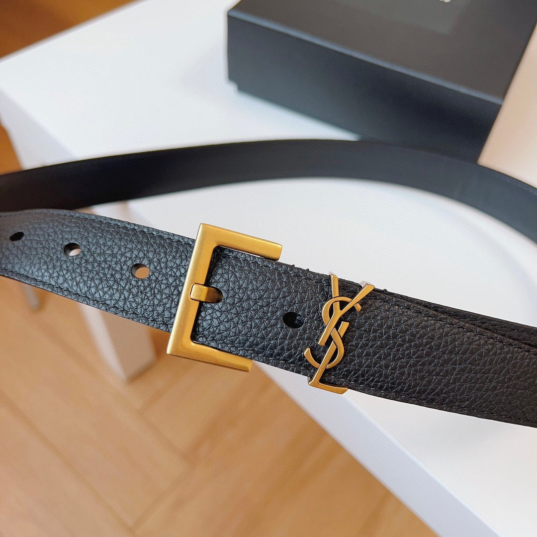 Cassandre 3cm Black Grained Leather Belt Gold Buckle