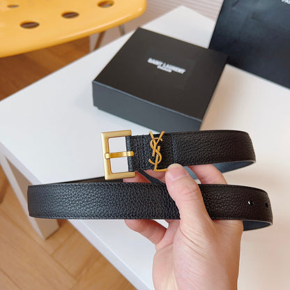 Cassandre 3cm Black Grained Leather Belt Gold Buckle