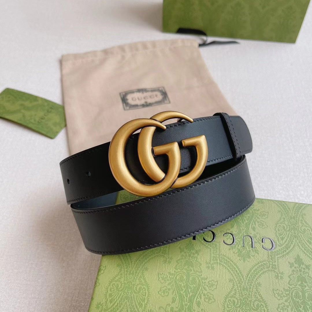 Marmont Wide 3.5cm Black Leather Belt Gold Buckle