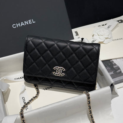 Diamond Black Caviar Leather Wallet On Chain - Level 5