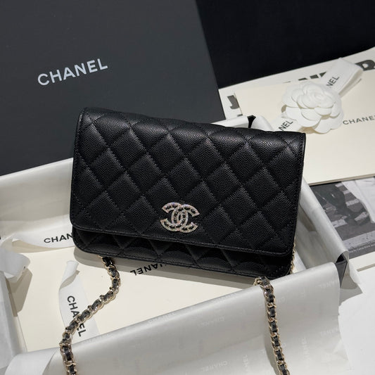 Diamond Black Caviar Leather Wallet On Chain - Level 5