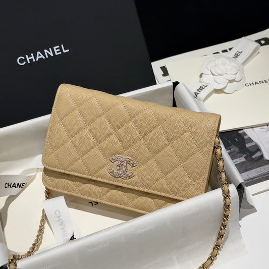 Diamond Beige Caviar Leather Wallet On Chain - Level 5