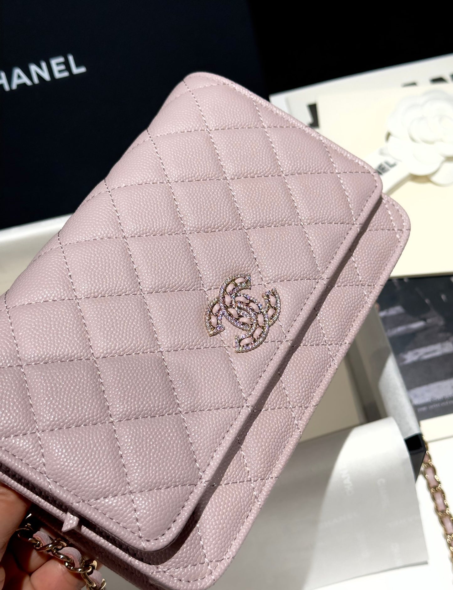 Diamond Pink Caviar Leather Wallet On Chain - Level 5