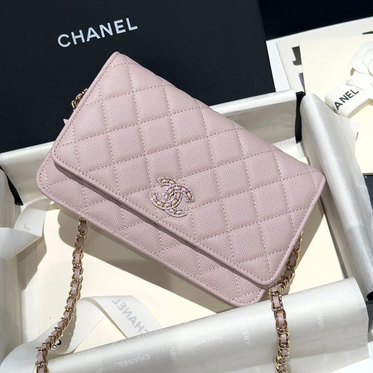 Diamond Pink Caviar Leather Wallet On Chain - Level 5
