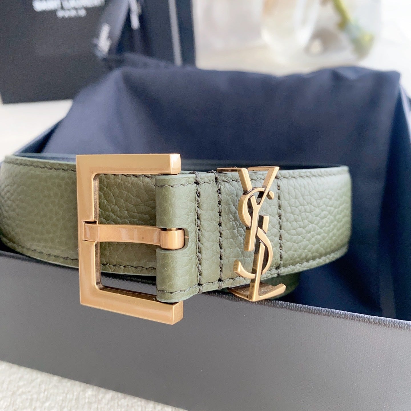 Cassandre 3cm Khaki Green Leather Belt Gold Buckle