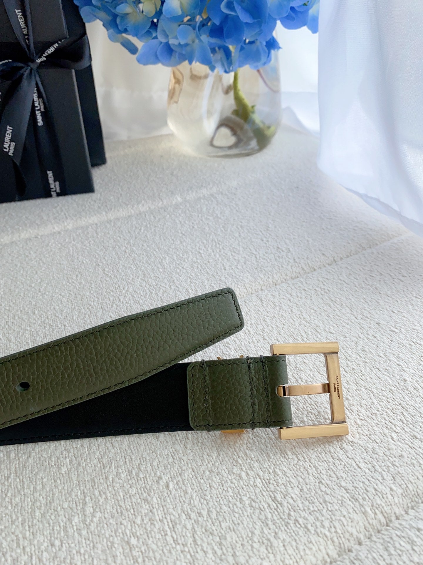 Cassandre 3cm Khaki Green Leather Belt Gold Buckle