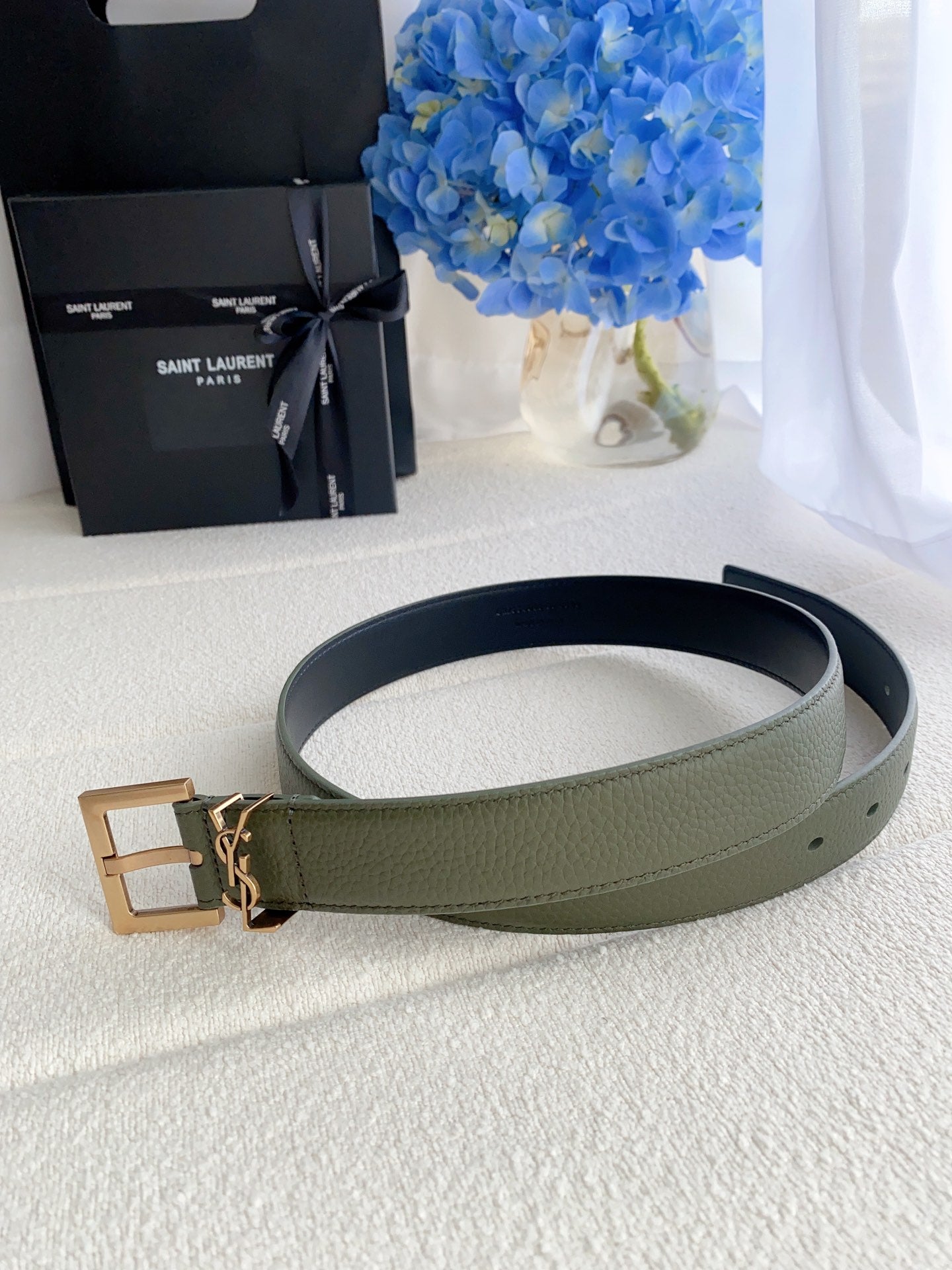 Cassandre 3cm Khaki Green Leather Belt Gold Buckle