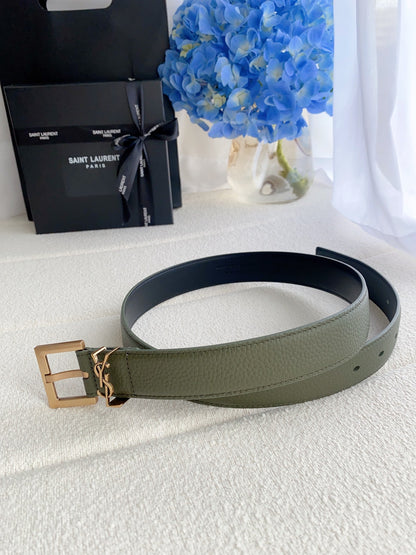 Cassandre 3cm Khaki Green Leather Belt Gold Buckle