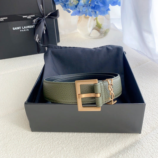 Cassandre 3cm Khaki Green Leather Belt Gold Buckle