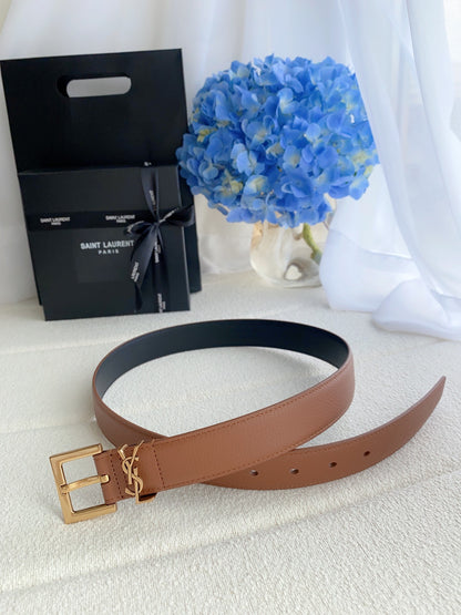 Cassandre 3cm Brown Leather Belt Gold Buckle