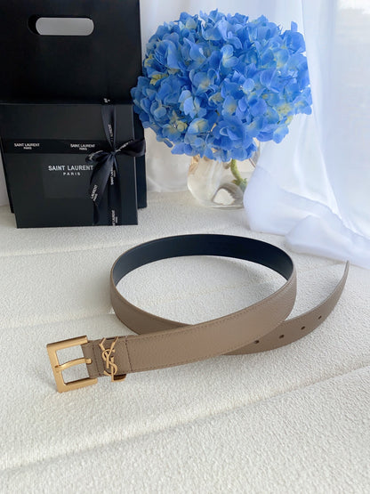 Cassandre 3cm Taupe Leather Belt Gold Buckle