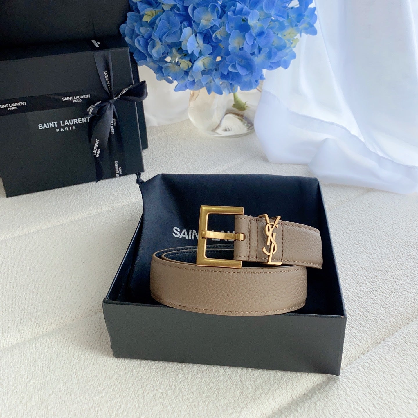 Cassandre 3cm Taupe Leather Belt Gold Buckle