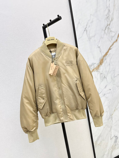 Beige Nylon Bomber Zip-Up Jacket