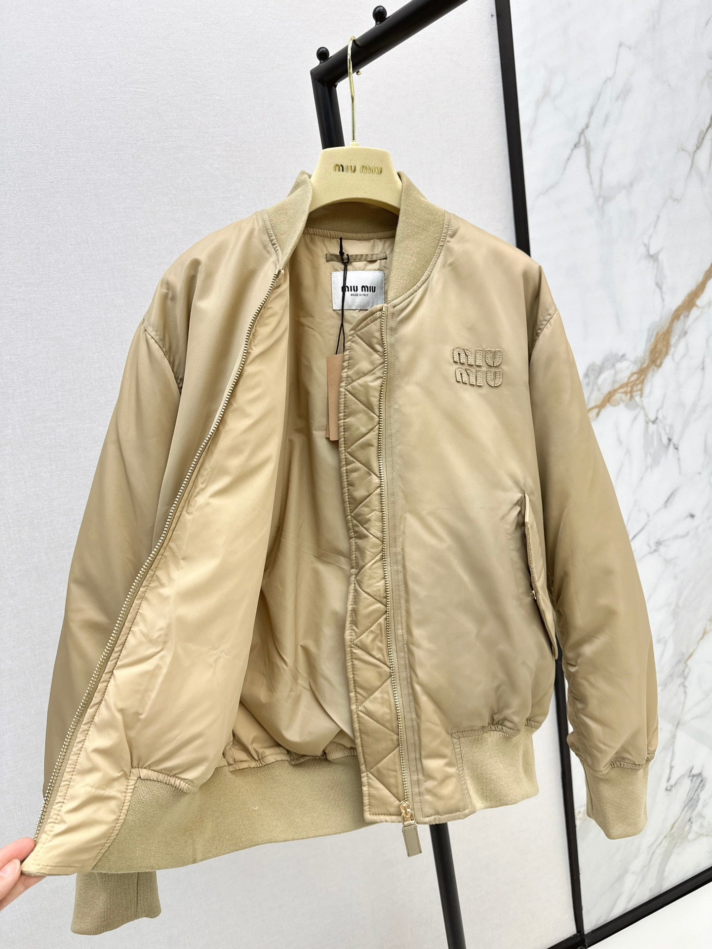Beige Nylon Bomber Zip-Up Jacket