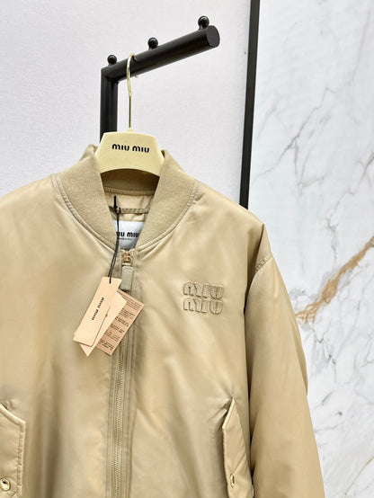 Beige Nylon Bomber Zip-Up Jacket