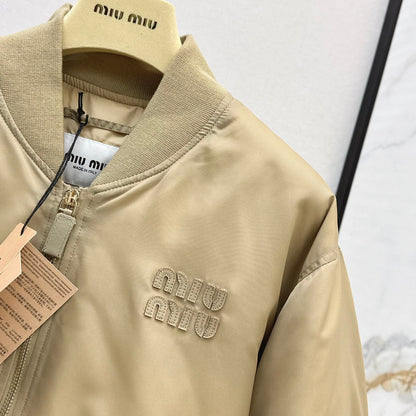 Beige Nylon Bomber Zip-Up Jacket