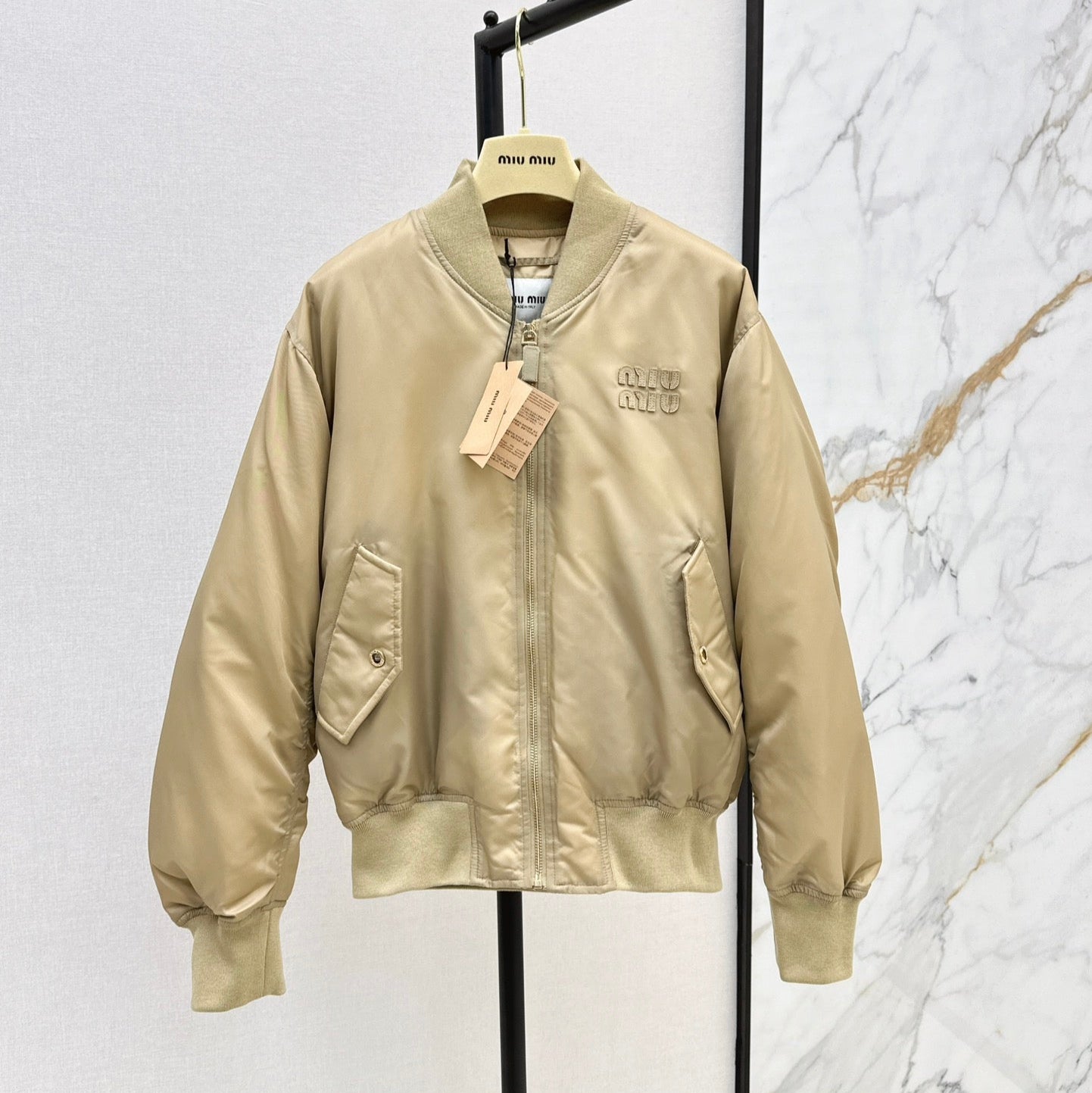 Beige Nylon Bomber Zip-Up Jacket