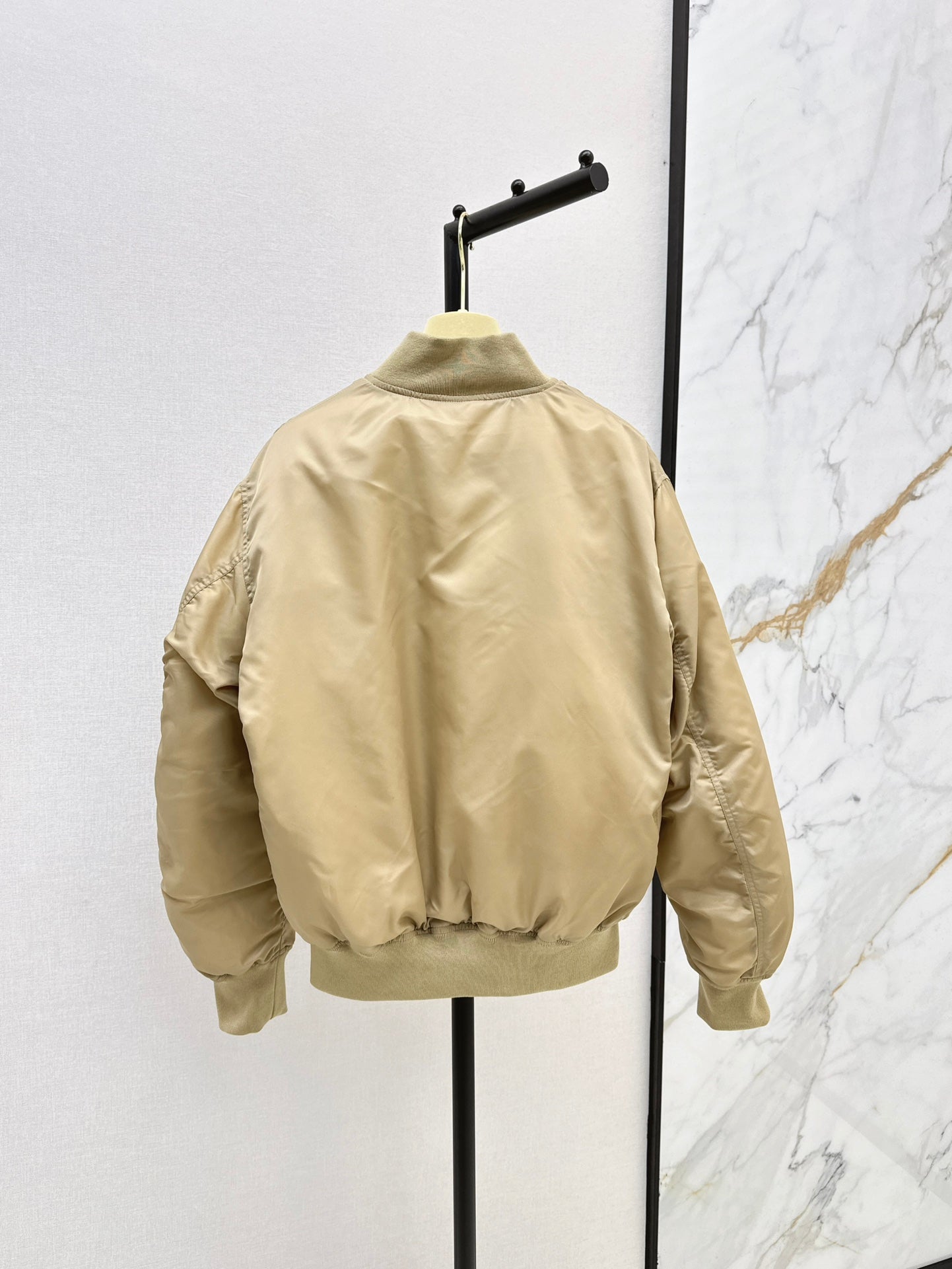 Beige Nylon Bomber Zip-Up Jacket