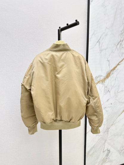Beige Nylon Bomber Zip-Up Jacket