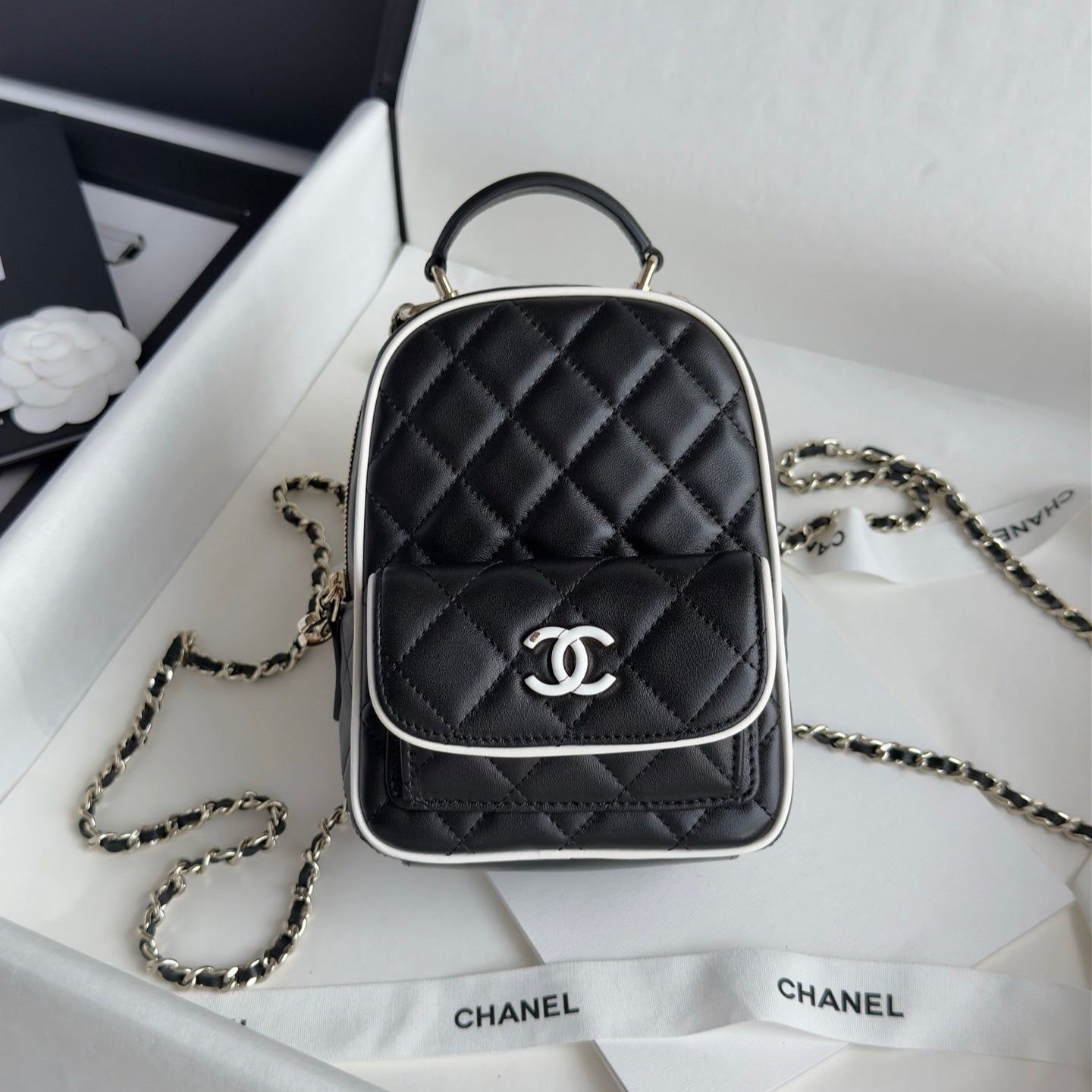Black & White Lambskin Leather Mini Backpack - Level 5