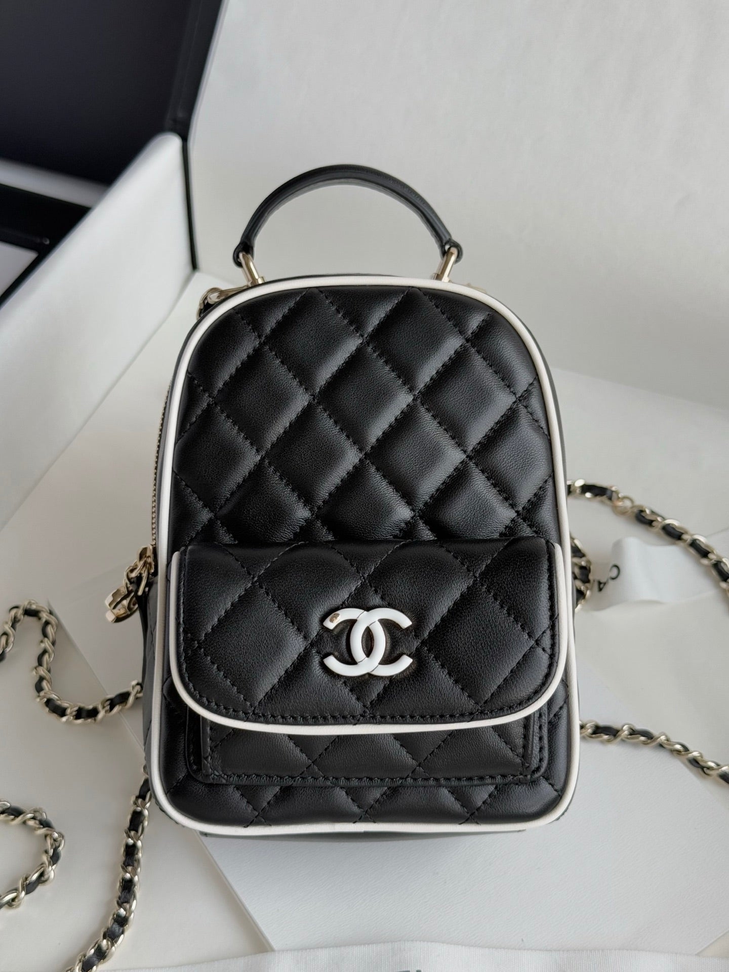 Black & White Lambskin Leather Mini Backpack - Level 5