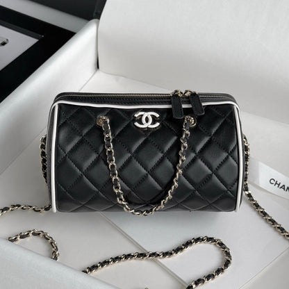 Black & White Lambskin Leather Mini Boston Bag - Level 5