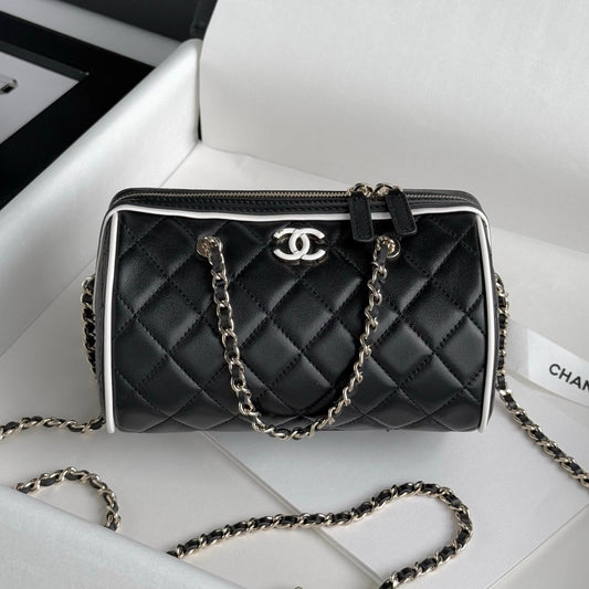 Black & White Lambskin Leather Mini Boston Bag - Level 5