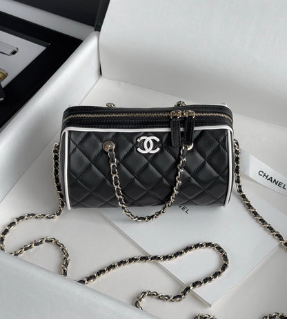Black & White Lambskin Leather Mini Boston Bag - Level 5