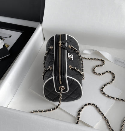 Black & White Lambskin Leather Mini Boston Bag - Level 5