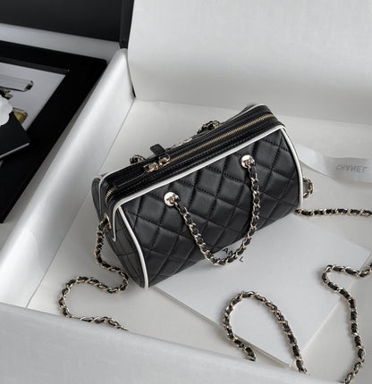 Black & White Lambskin Leather Mini Boston Bag - Level 5