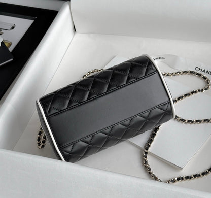 Black & White Lambskin Leather Mini Boston Bag - Level 5