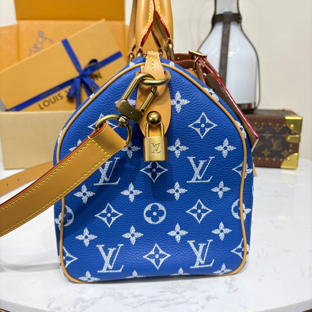 P9 Speedy 30 Bandouliere Navy Blue Leather - Level 5