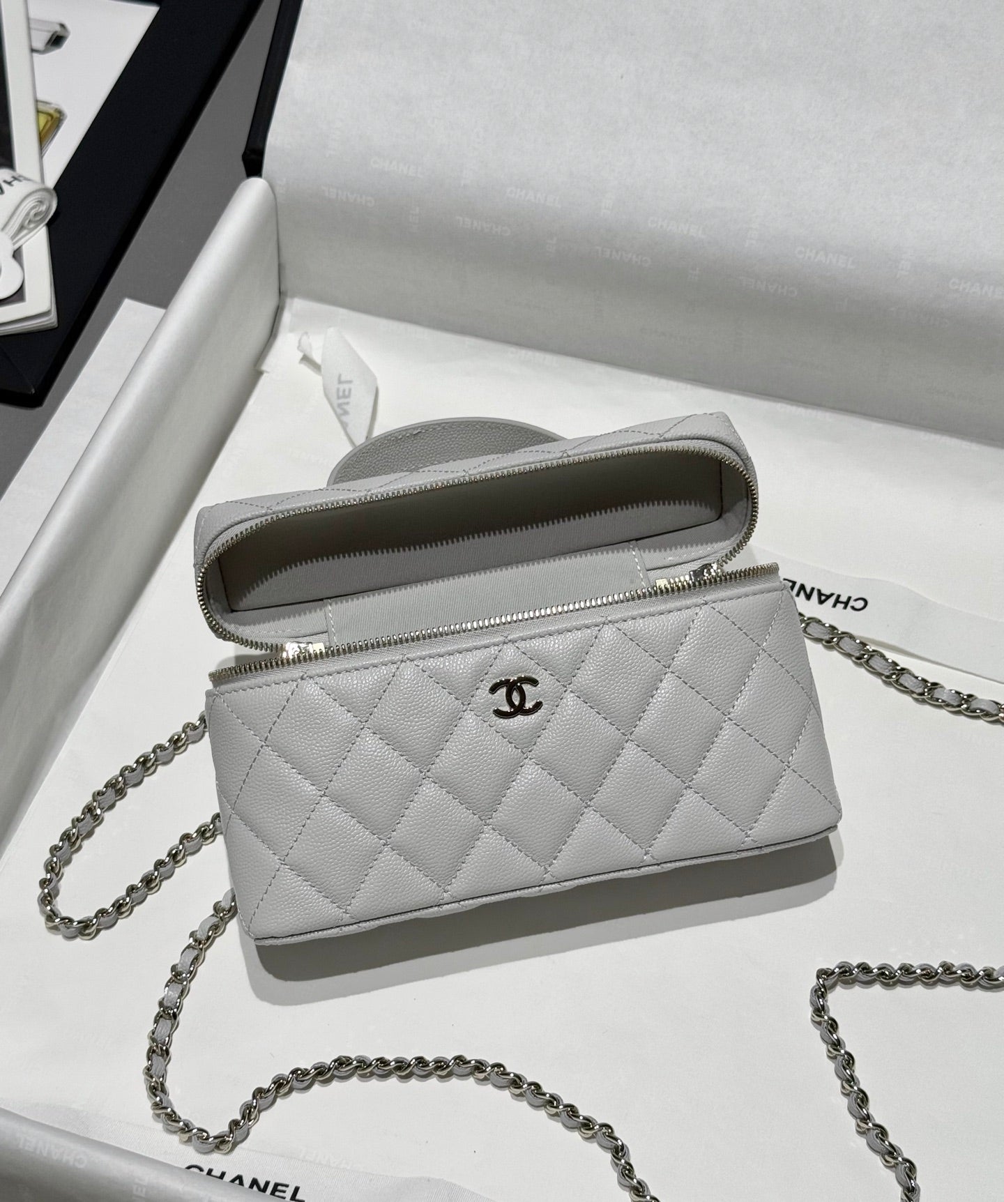 Light Grey Caviar Leather Top Handle Vanity Bag - Level 5