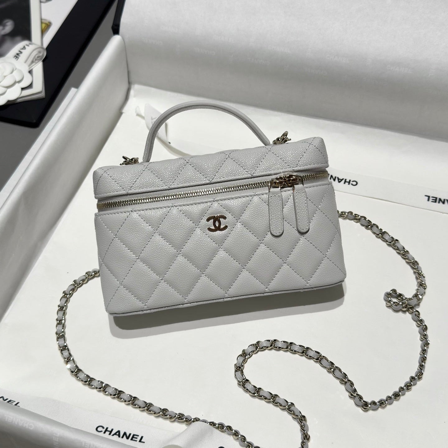 Light Grey Caviar Leather Top Handle Vanity Bag - Level 5