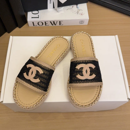 Black Beige Chain Braided Slides