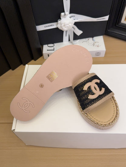 Black Beige Chain Braided Slides