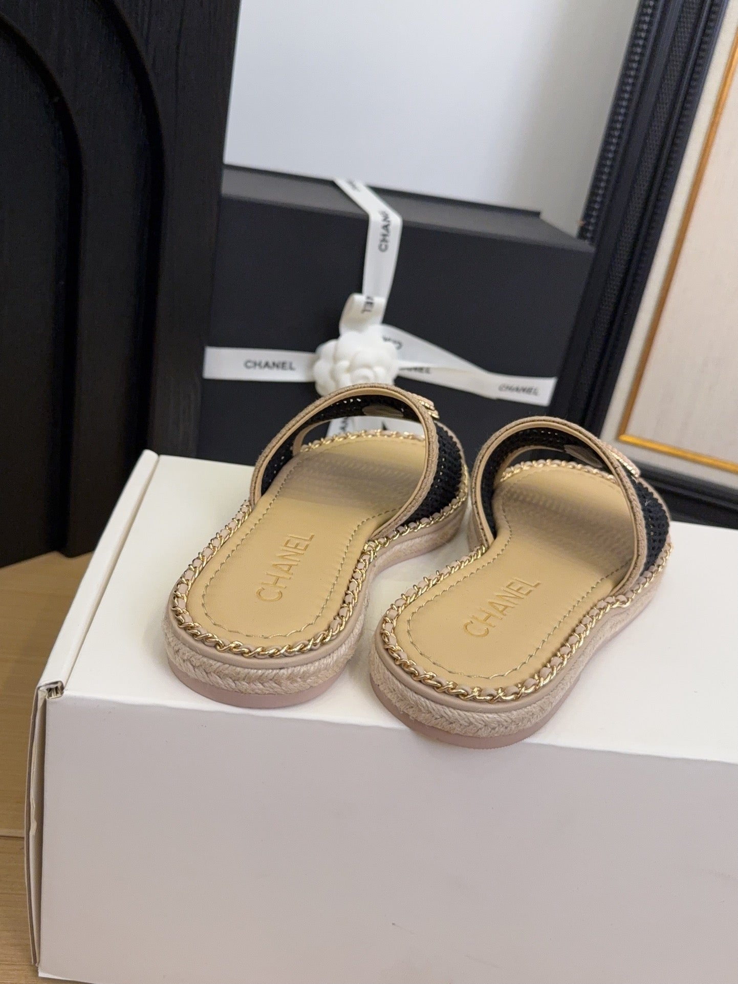Black Beige Chain Braided Slides