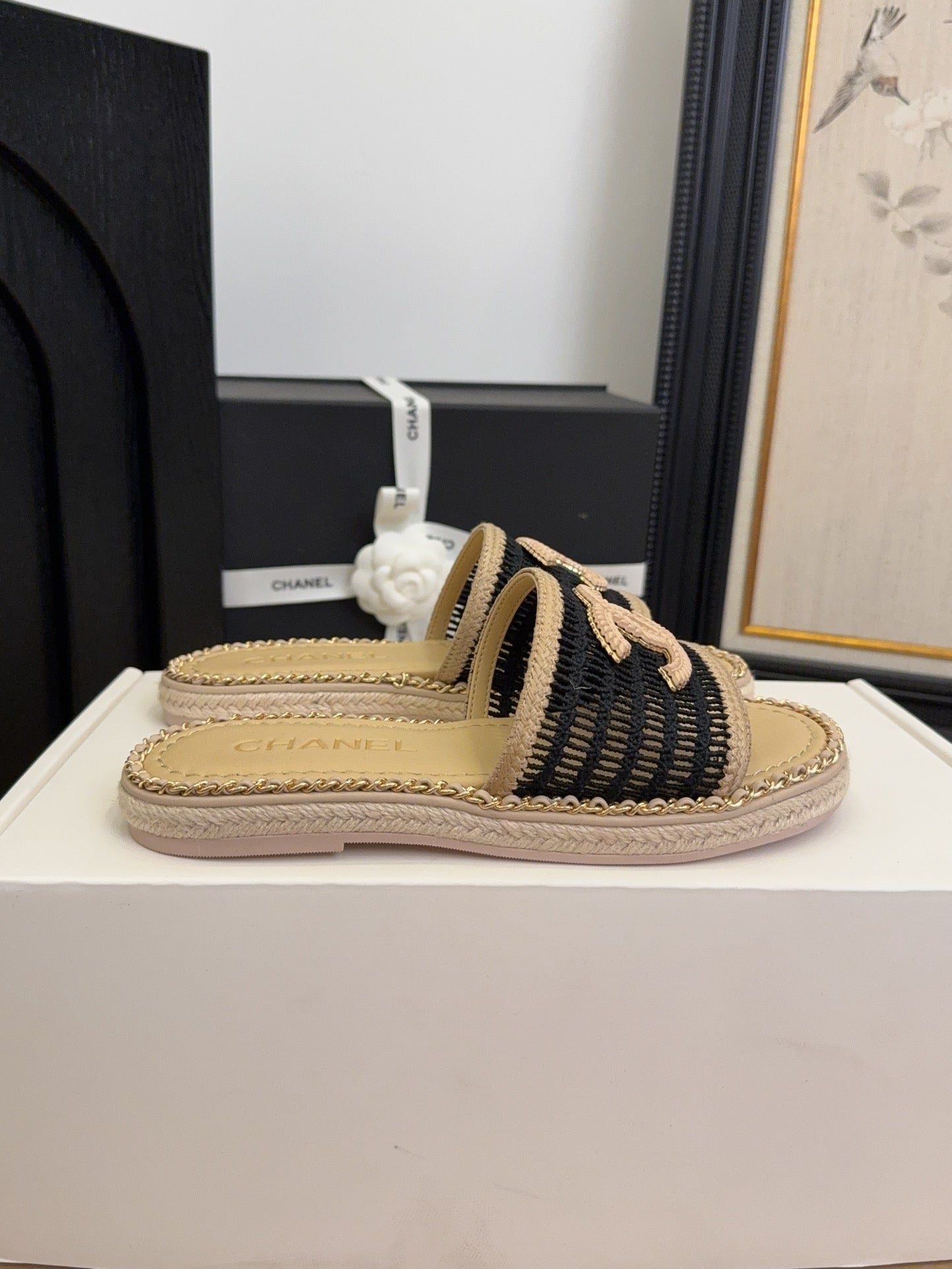 Black Beige Chain Braided Slides