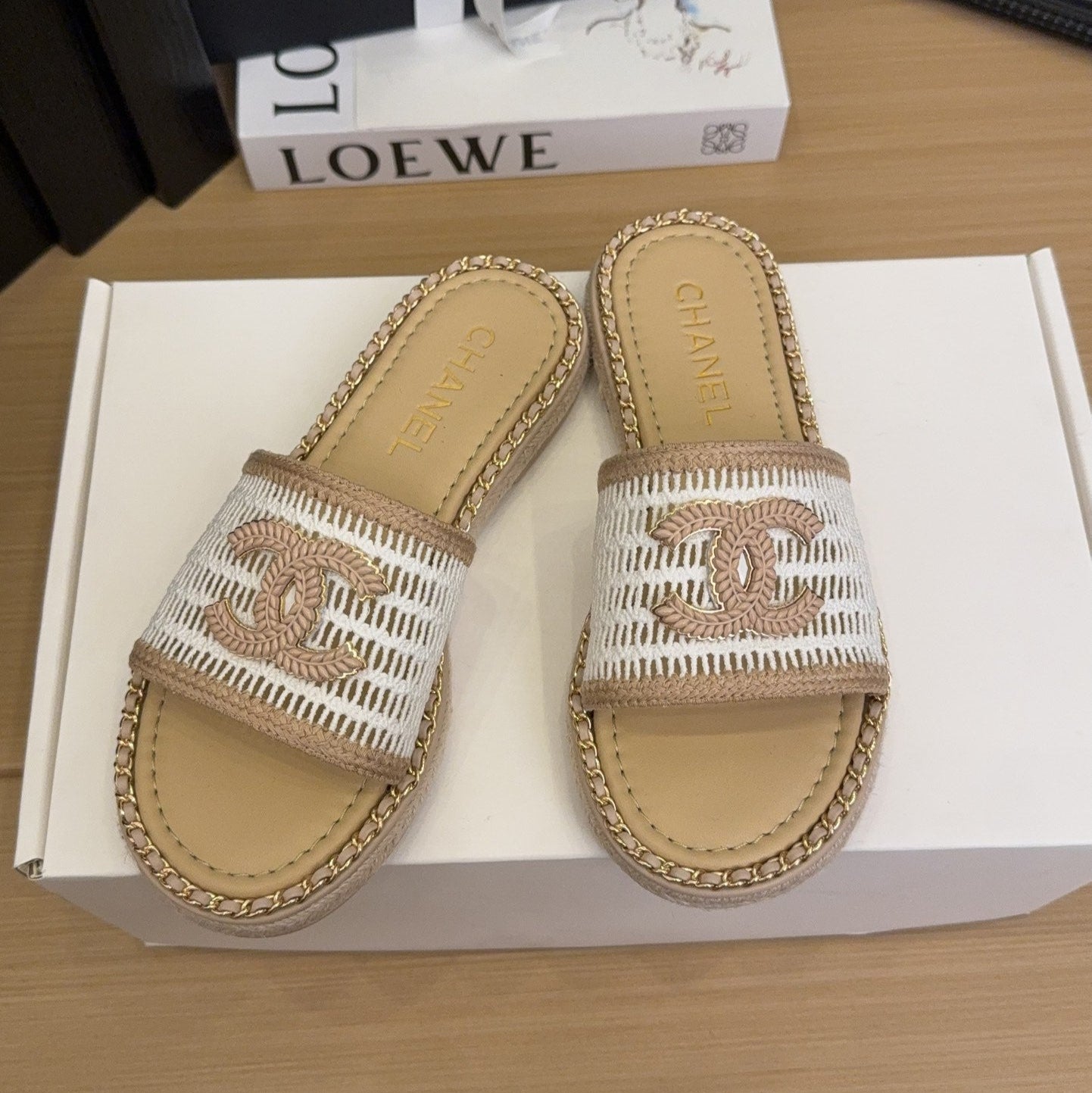 White Beige Chain Braided Slides