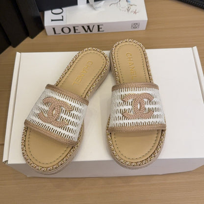 White Beige Chain Braided Slides