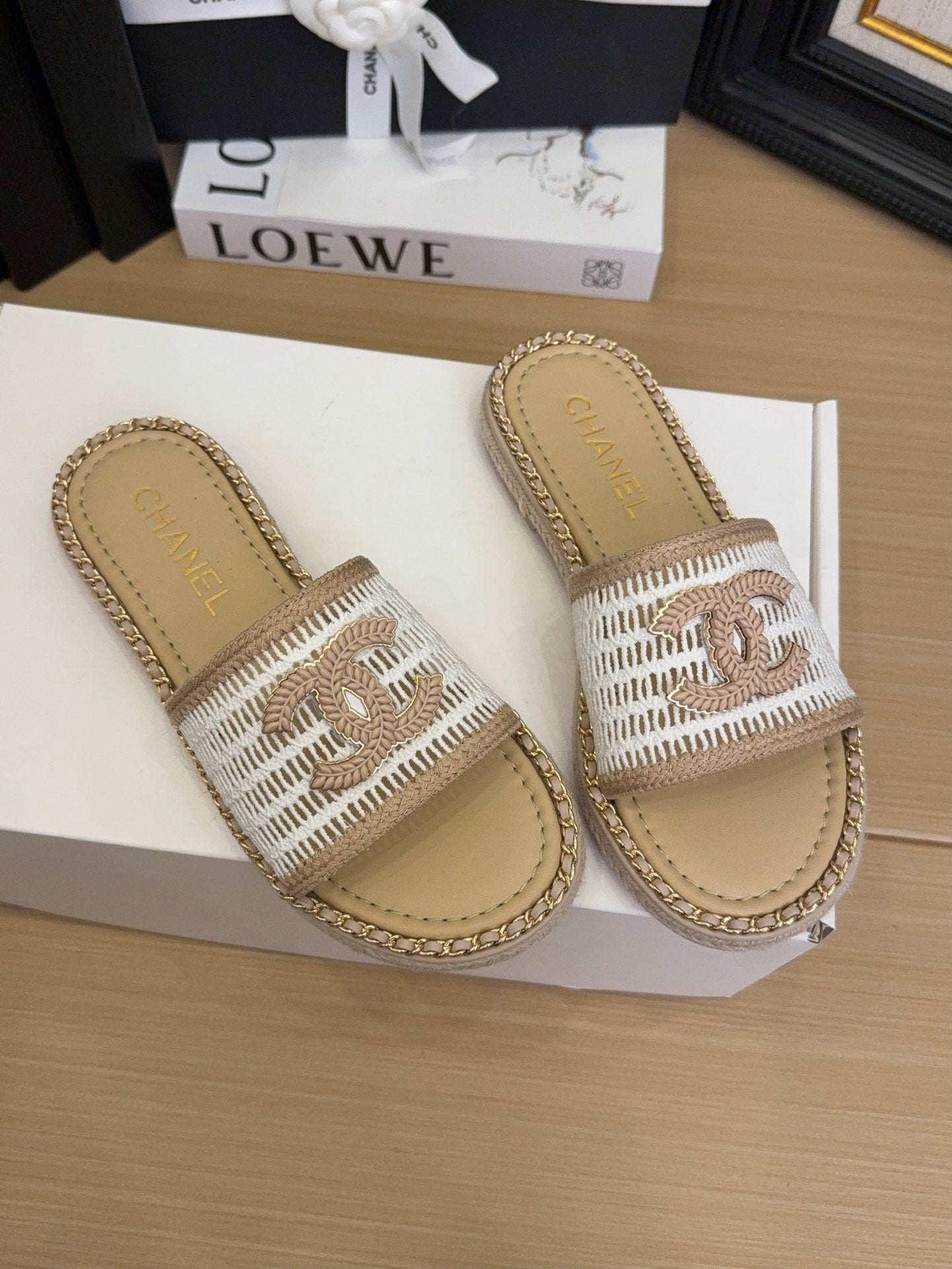 White Beige Chain Braided Slides