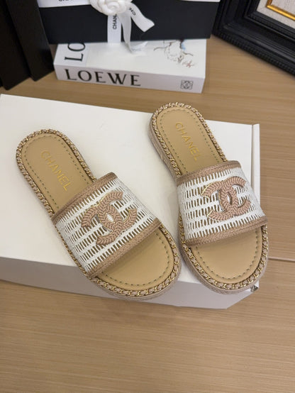 White Beige Chain Braided Slides