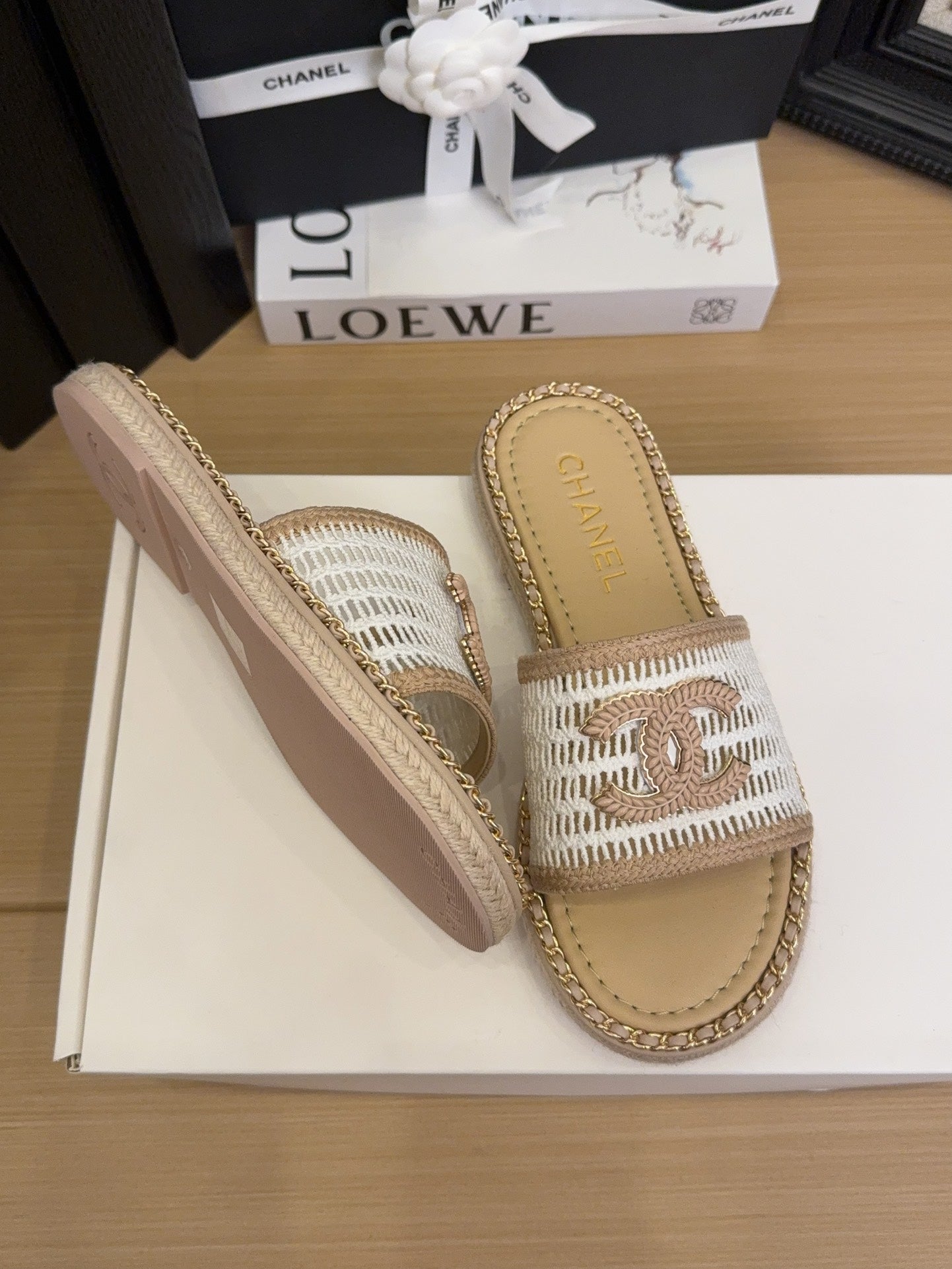 White Beige Chain Braided Slides